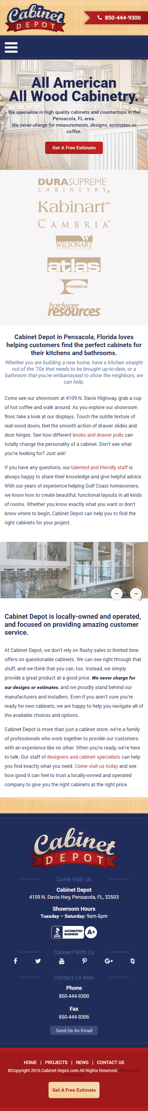 Mockup of Cabinet Depot website homepage by CleverOgre on mobile device
