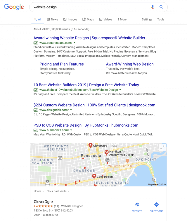Ads at the top of a Google SERP