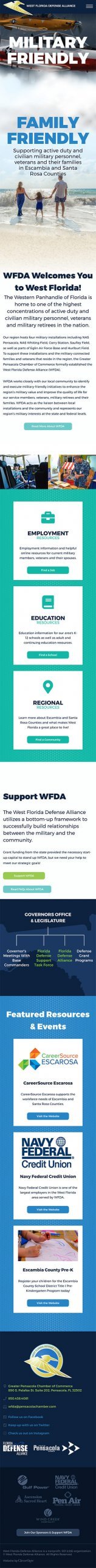WFDA West Florida Defense Alliance homepage design on mobile device